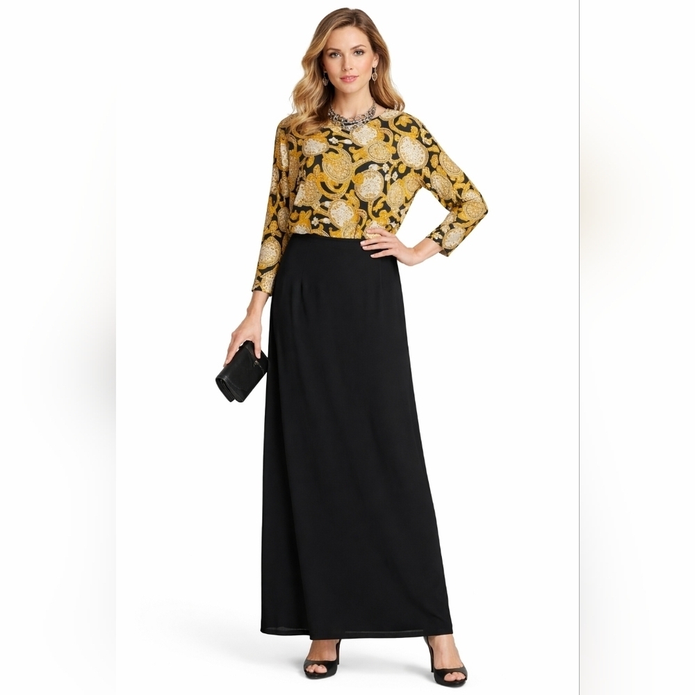 Ms Chaus Women's Long SleeveVintage Golden lines Two Tone Blousen Dress Size 12